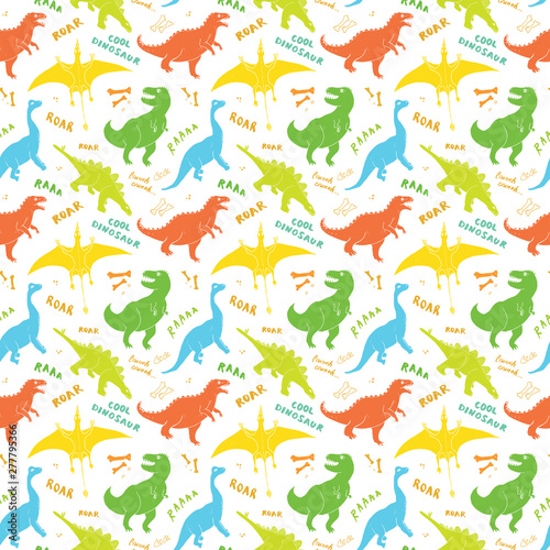 Dino Seamless Pattern  Cute Cartoon Hand Drawn Dinosaurs Doodles Vector Illustration