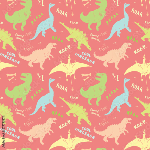 Dino Seamless Pattern, Cute Cartoon Hand Drawn Dinosaurs Doodles Vector Illustration