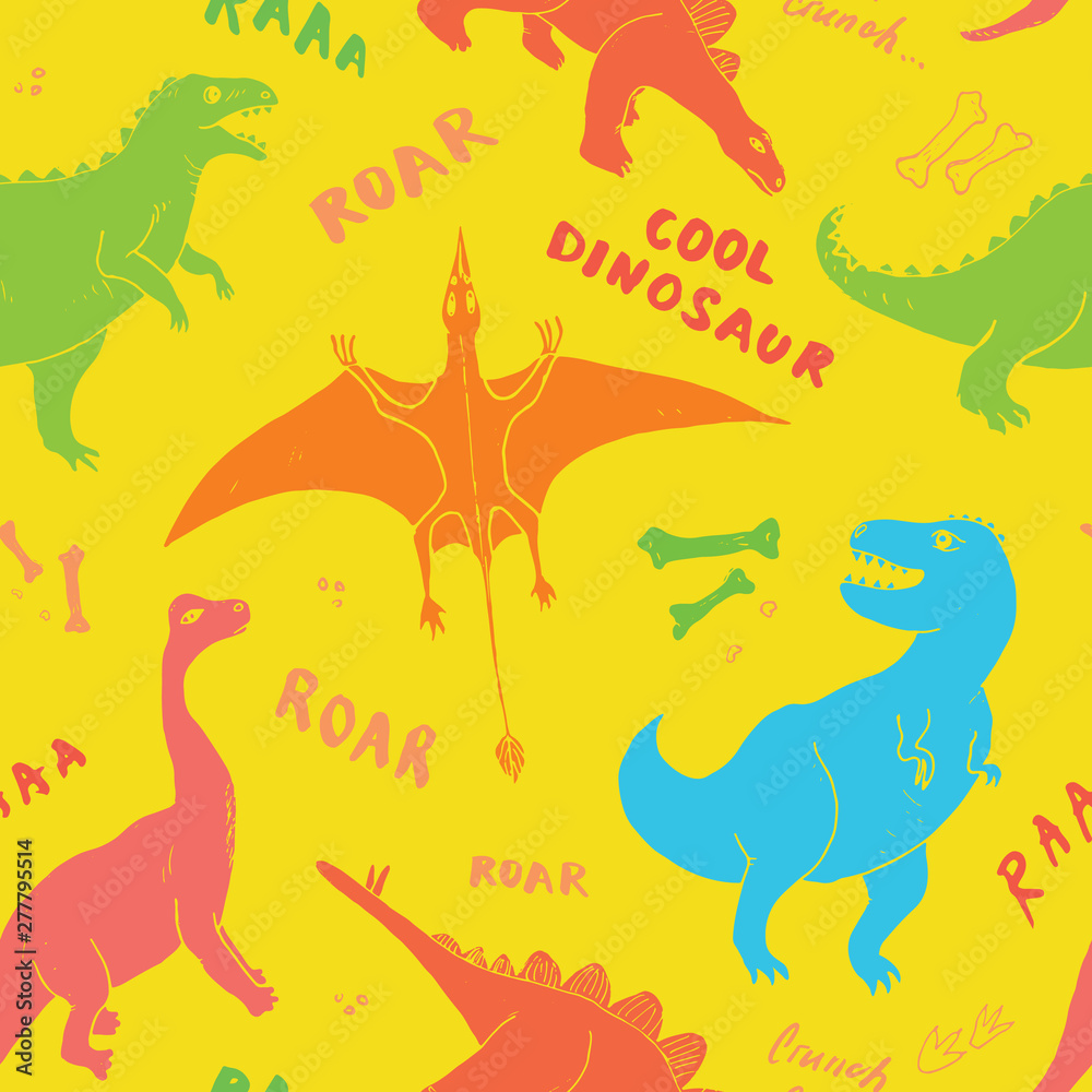 Dino Seamless Pattern, Cute Cartoon Hand Drawn Dinosaurs Doodles Vector Illustration Dino Seamless Pattern, Cute Cartoon Hand Drawn Dinosaurs Doodles Vector Illustration