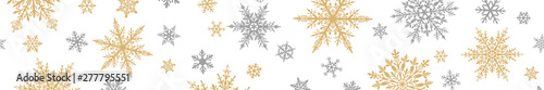 Christmas banner of complex big and small snowflakes in gray and yellow colors on white background. With horizontal repetition