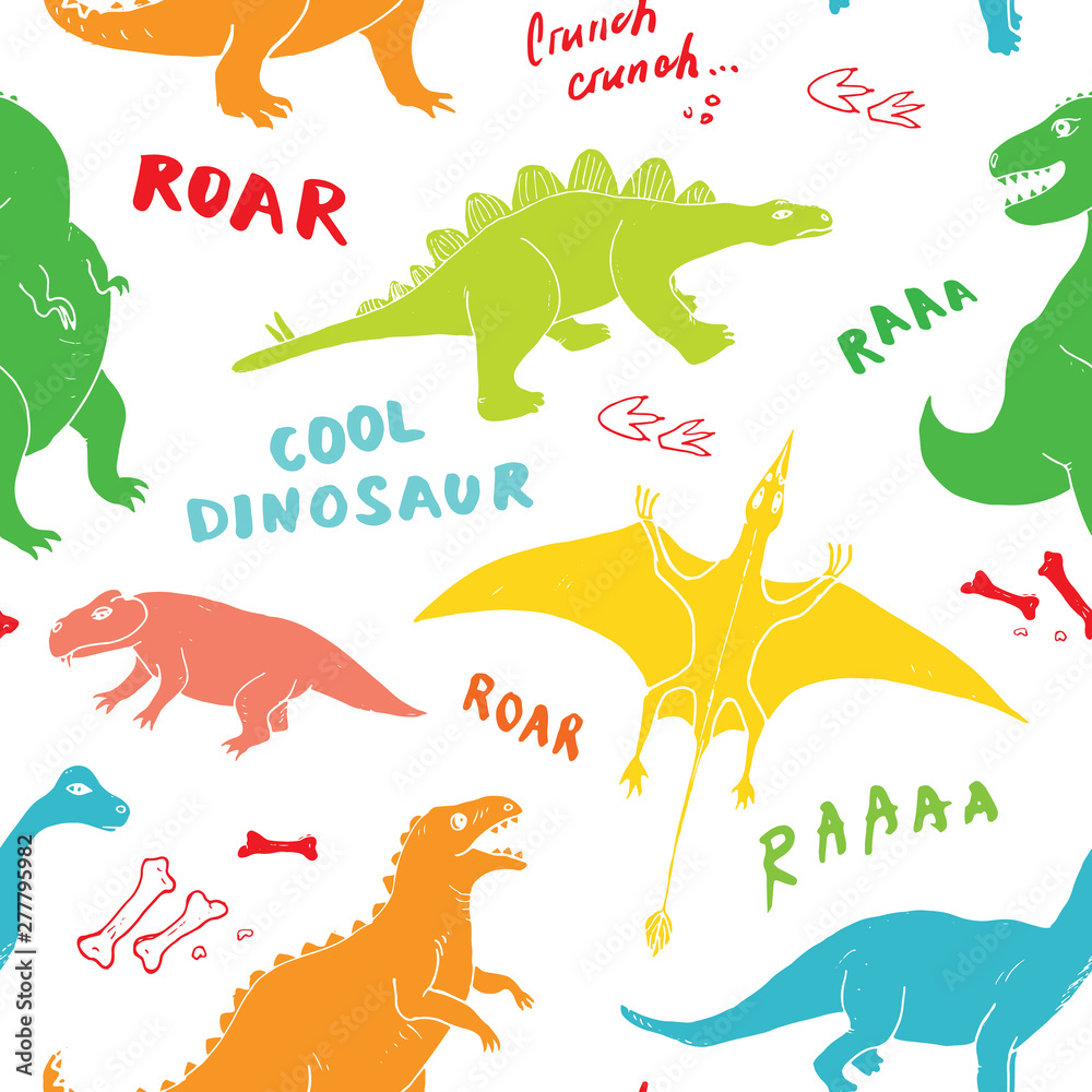 Dino Seamless Pattern, Cute Cartoon Hand Drawn Dinosaurs Doodles Vector Illustration Dino Seamless Pattern, Cute Cartoon Hand Drawn Dinosaurs Doodles Vector Illustration