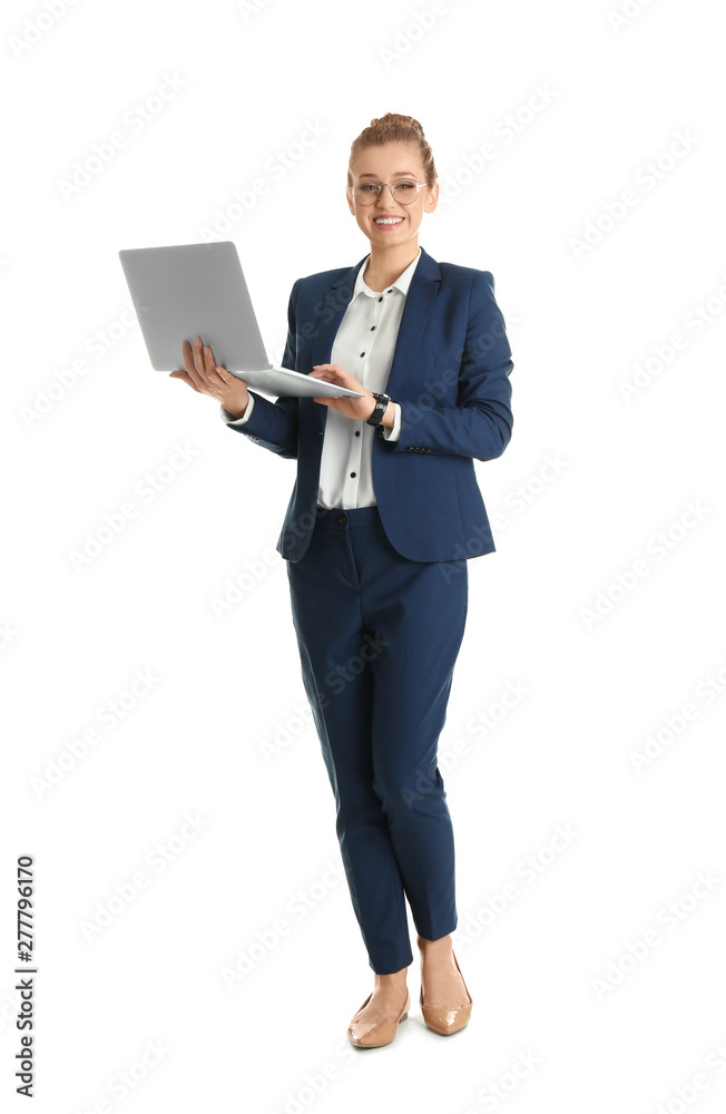 Full length portrait of young businesswoman with laptop isolated on white