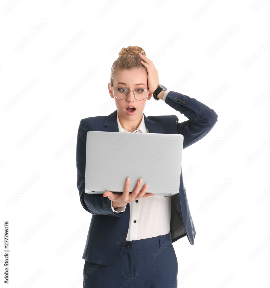Portrait of emotional young businesswoman with laptop isolated on white Portrait of emotional young businesswoman with laptop isolated on white