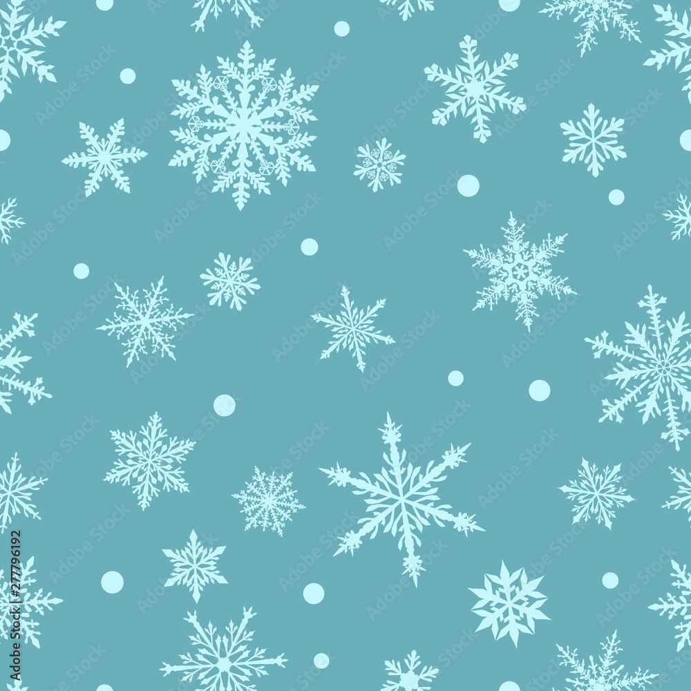 Christmas seamless pattern of complex big and small snowflakes in white colors on light blue background Christmas seamless pattern of complex big and small snowflakes in white colors on light blue background