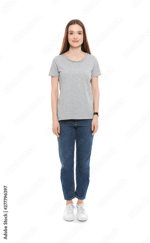 Young woman in t-shirt on white background. Mock up for design Young woman in t-shirt on white background. Mock up for design
