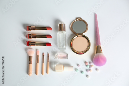 Fototapeta Naklejka Na Ścianę i Meble -  Flat lay composition with different beauty accessories on white background