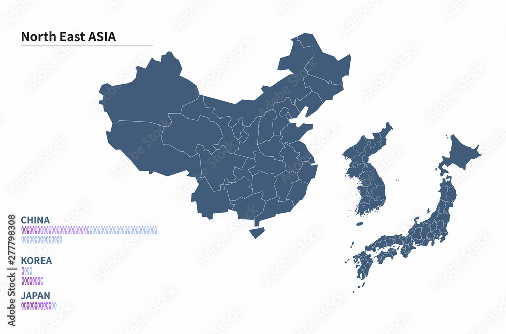graphic vector map of asia countries. korea, japan, china map. north east countries. north east countries.