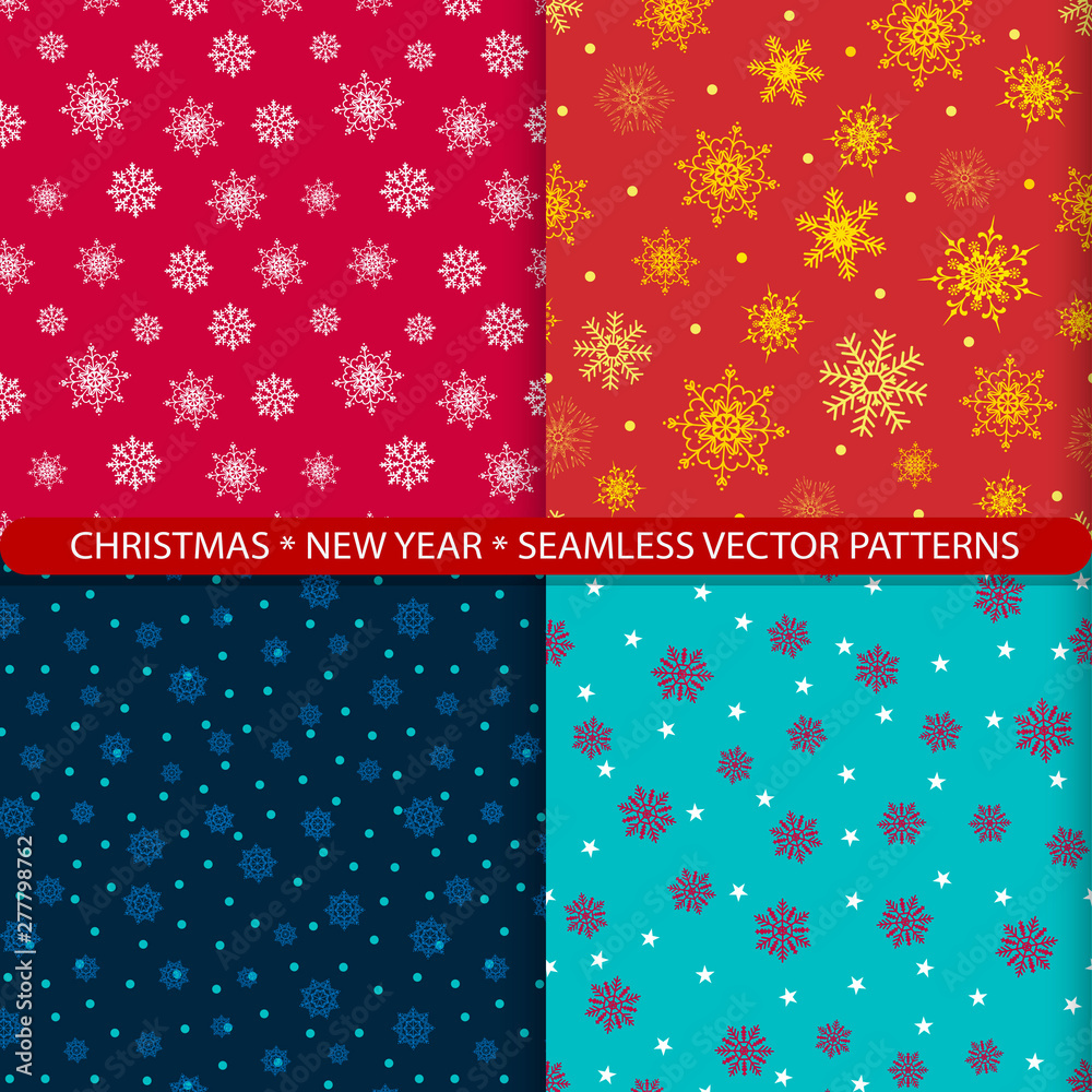 Set of seamless vector patterns with christmas and new year snowflakes. Print for textiles. Print for New Year's costume. Design for wrapping paper, new year packaging Set of seamless vector patterns with christmas and new year snowflakes. Print for textiles. Print for New Year's costume. Design for wrapping paper, new year packaging