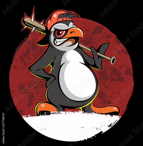 Grumpy, angry penguin with the baseball bat