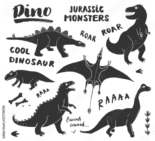 Dino Doodles Set. Cute Dinosaurs sketch and Letterings collection. Hand drawn Cartoon Dino Vector illustration