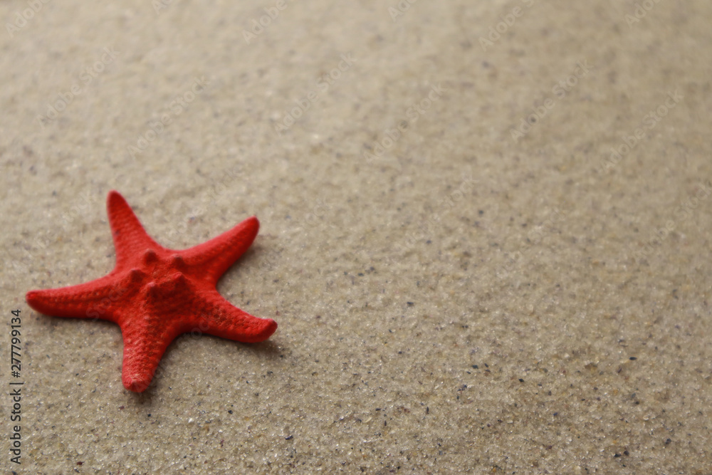Red starfish on sand background with space for text Red starfish on sand background with space for text