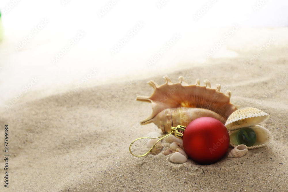 Composition with Christmas toy and seashells on sand Composition with Christmas toy and seashells on sand