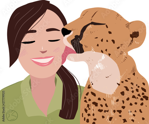 A vector isolated illustration of a woman or girl and a cheetah. Love nature, animals are our friends