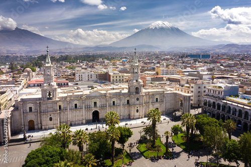 Aerial drone view of Arequipa main square and cathedral church, with the Misti volcano as background. photo