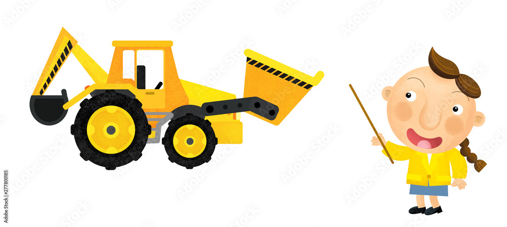 cartoon scene with girl child showing excavator loader and teaching on white background illustration for children cartoon scene with girl child showing excavator loader and teaching on white background illustration for children