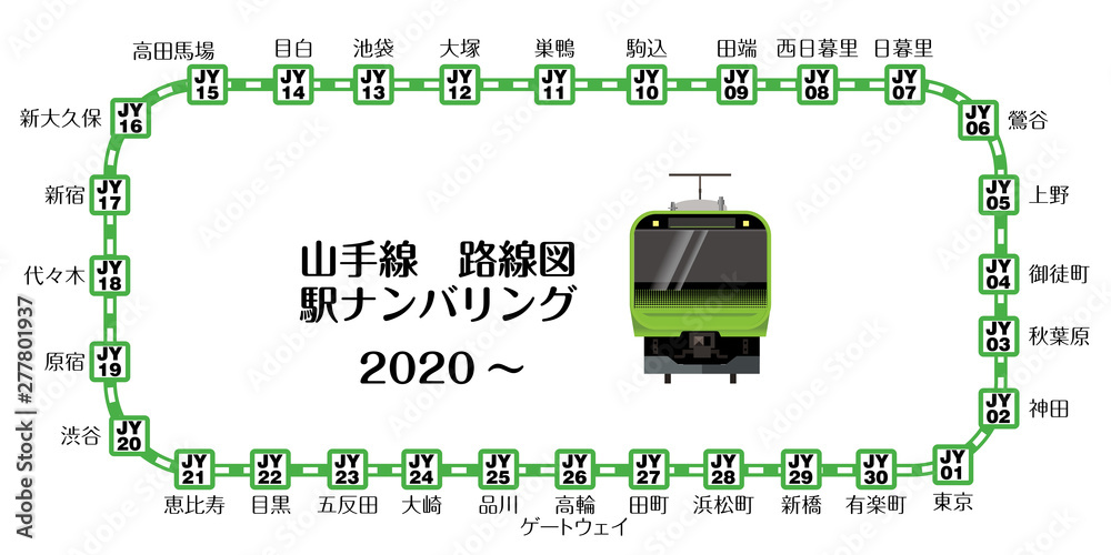 イラスト山手線30駅のナンバリング路線図 高輪ゲートウェイ駅 地図 マップ 交通 駅名入り Stock ベクター Adobe Stock
