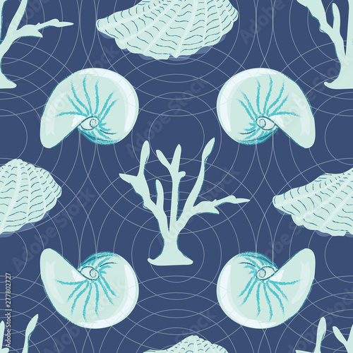 Seashell and coral seamless pattern in coastal colors of turquoise and navy blue. Light concentric circles background texture. Great for textiles, paper, home decor, stationery goods and home decor.