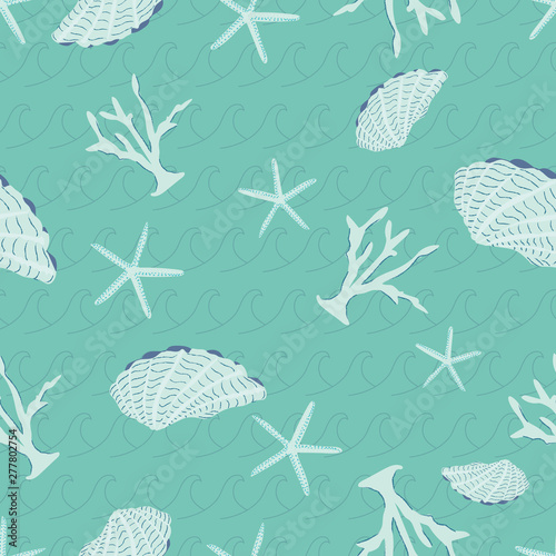 Seashell and coral seamless pattern in coastal colors of sea green and white. Subtle wavy background texture. Great for textiles, paper, home decor, stationery goods and home decor. Vector.
