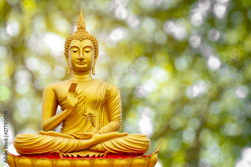 Golden Buddha image under the Bodhi leaf  natural background