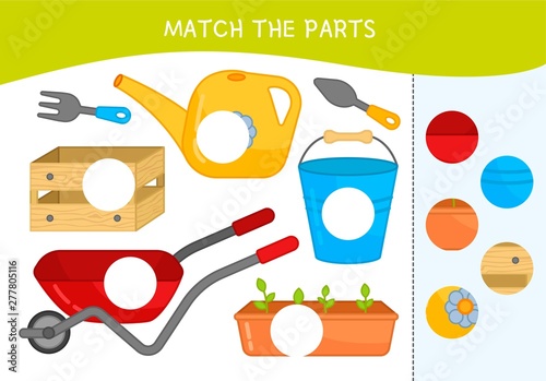 Matching children educational game. Match parts of gsarden tool. Activity for pre sсhool years kids and toddlers.