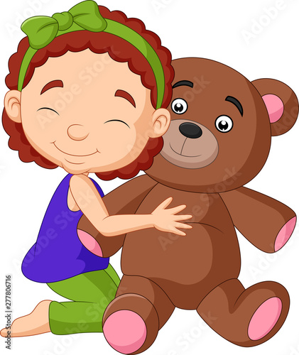 Cartoon little girl hugging teddy bear