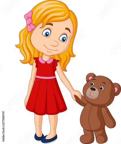Cartoon little girl with teddy bear holding hand together