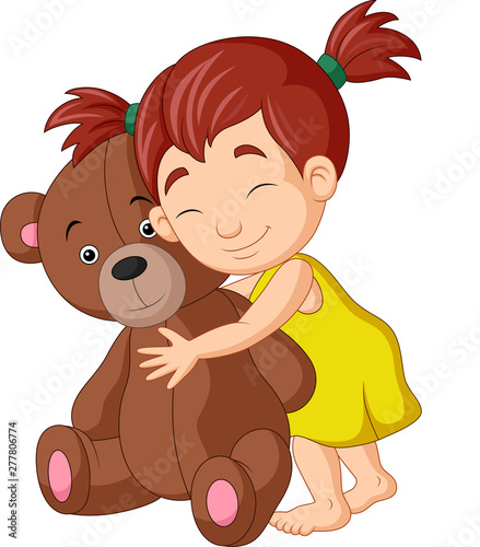 Cartoon little girl hugging teddy bear