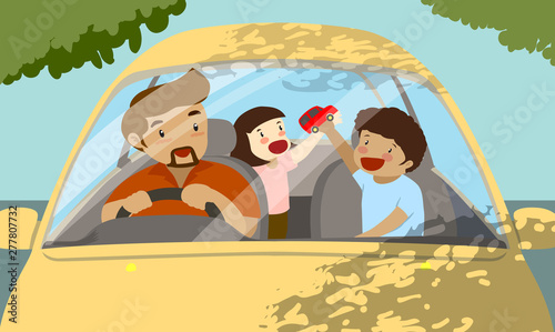 Father takes daughter and son for road trip. Family in yellow car. vector illustration.