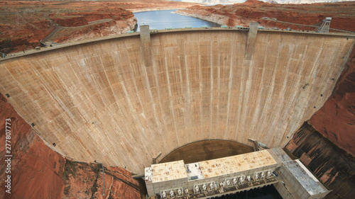 ultra wide shot of glen canyon dam and power station in page, az