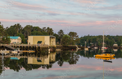 Boothbay Harbor Marina, Maine, at sunrise in soft beautiful quiet light on Independence Day
