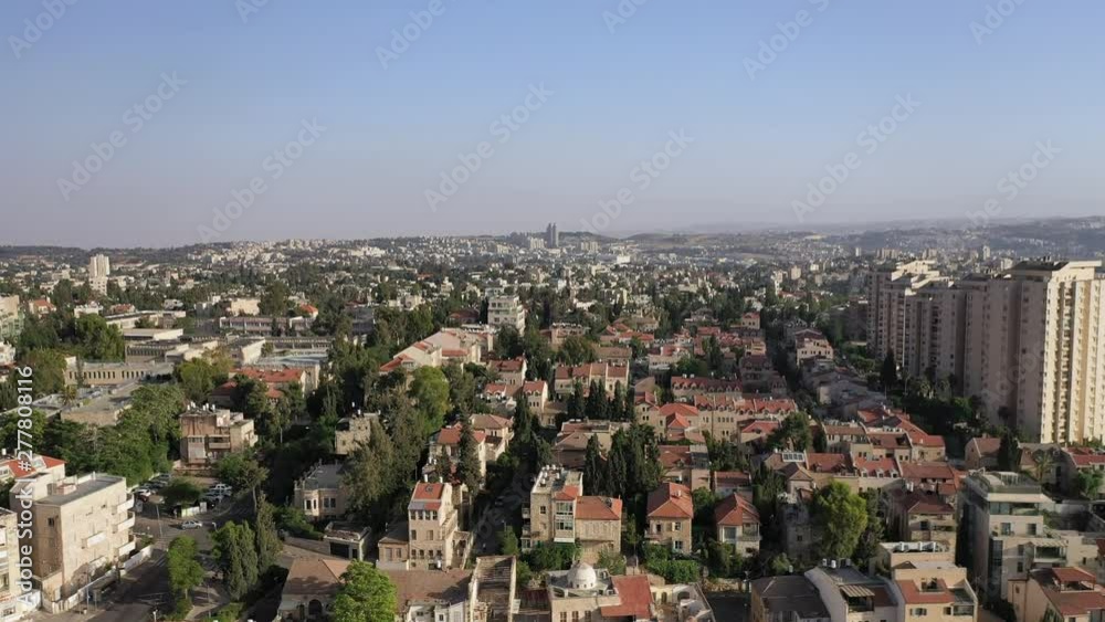 Jerusalem city view, neighborhood view, buildings in green wood, aerial view Jerusalem city view, neighborhood view, buildings in green wood, aerial view