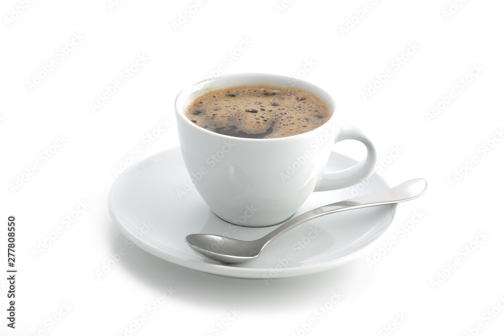 White coffee cup and saucer and spoon black coffee isolated on a white background White coffee cup and saucer and spoon black coffee isolated on a white background