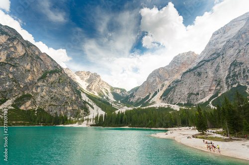 Braies lake in Italian Alps