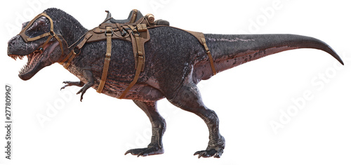 3D rendering of Tyrannosaurus Rex with a saddle. photo