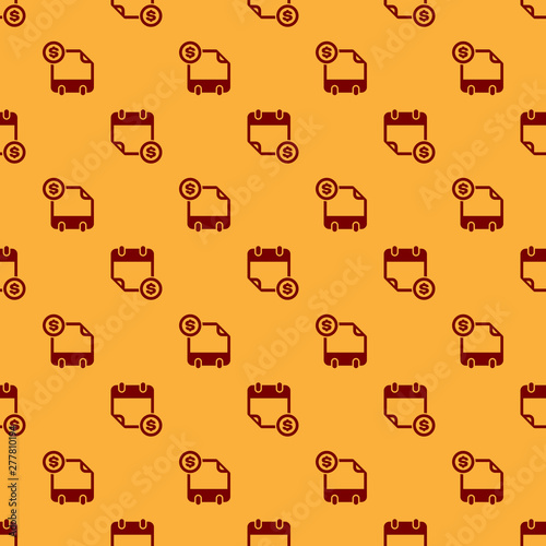 Red Financial calendar icon isolated seamless pattern on brown background. Annual payment day, monthly budget planning, fixed period concept, loan duration. Flat design. Vector Illustration