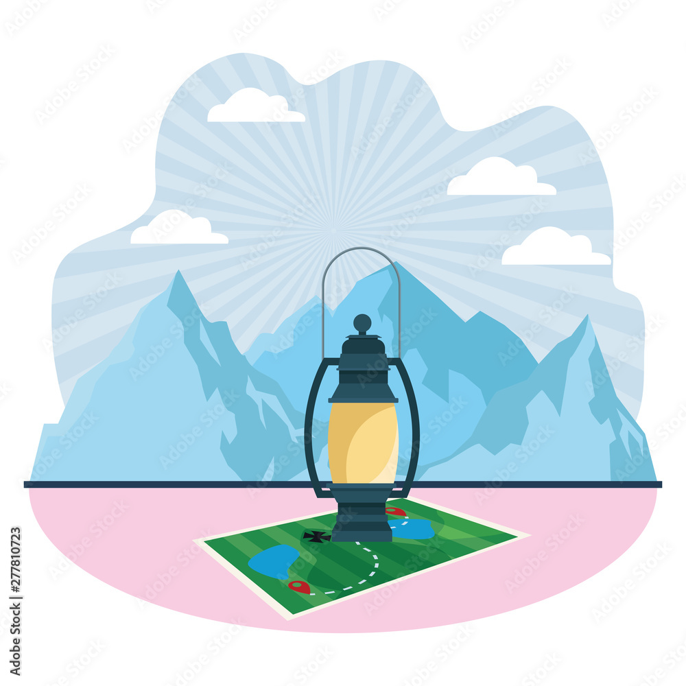 Obraz premium Camping lantern on adventure map