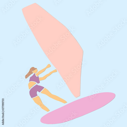 Single female windsurfer on windsurf board. Applique or paper cut style. Colorful vector illustration.