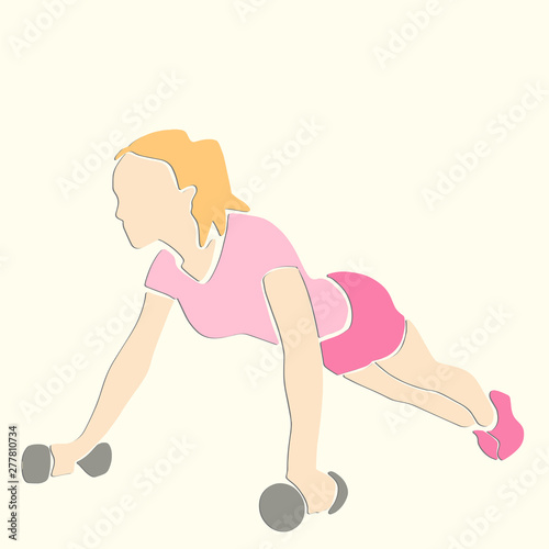 Sporty blond woman doing push-ups. Fitness concept hand drawn illustration. Applique or paper cut style.