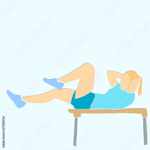 Sporty woman pumps the abdominals on bench. ABC exercise. Fitness concept abstract colorful illustration. Vector sport cartoon. Applique or paper cut style.