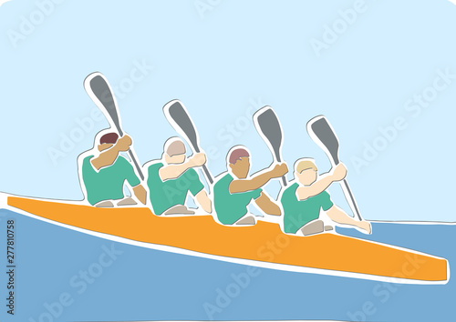 Academic canoe rowing. Team of four male rowers. Abstract canoeing sport. Applique or paper cut style.