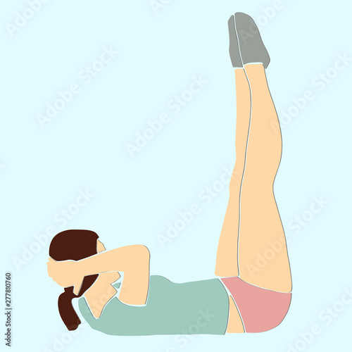 Sporty woman pumps the abdominals. ABC exercise. Fitness concept abstract colorful illustration. Vector sport cartoon. Applique or paper cut style.