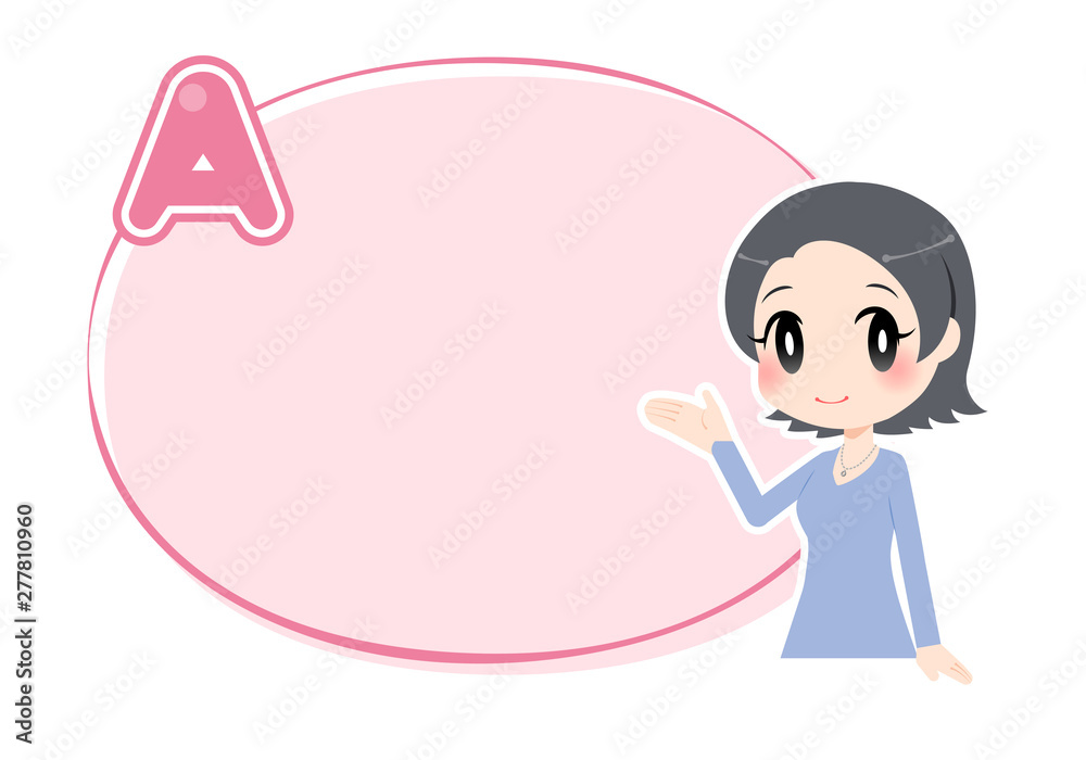 Aマークの付いたピンクの枠と小さく手を挙げる女性