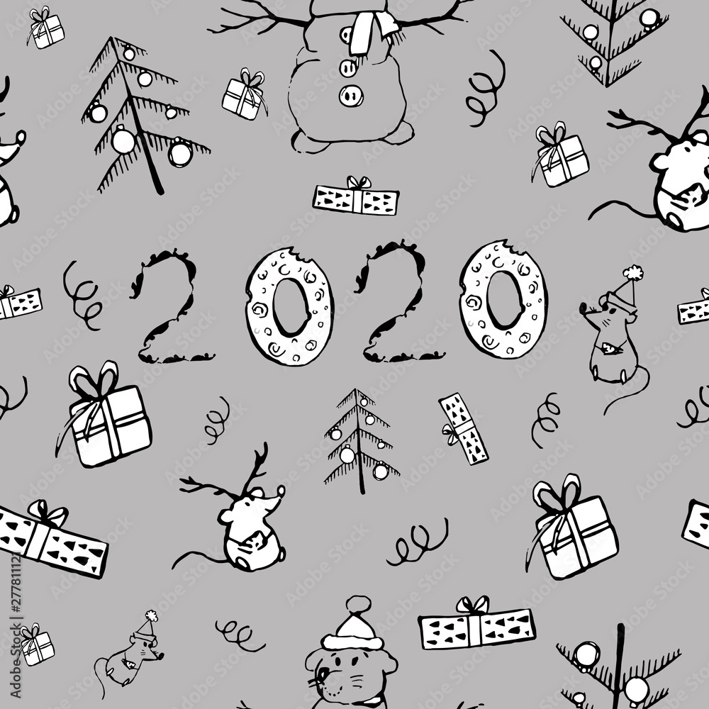 Plakat Szczęśliwego nowego roku symbol 2020. Boże Narodzenie wzór w modnym stylu skandynawskim. Zaprojektuj dla Wesołych Świąt i Nowego Roku tła, karty, okładki, tapety, papier prezentowy.