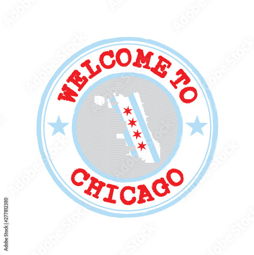Vector Stamp of welcome to Chicago with city flag on map outline in the center.