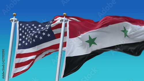 4k Seamless United States of America And Syria Flags with blue sky background;A fully digital rendering;The flag 3D animation loops at 20 seconds;USA US SYR SY. photo