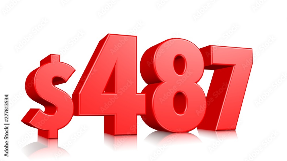 487$ Four hundred and eighty seven price symbol. red text number 3d render with dollar sign on white background 487$ Four hundred and eighty seven price symbol. red text number 3d render with dollar sign on white background