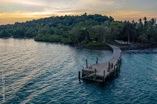 Drone shot the Luxury but Eco Community resort and hotel on the mountain in KohKood Island at the East of Thailand.