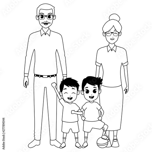 Family grandparents and grandchildren cartoons in black and white