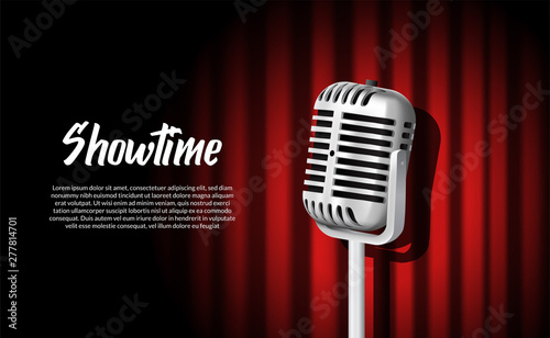 3D realistic standing vintage microphone illustration with red curtain with vignette light show stage