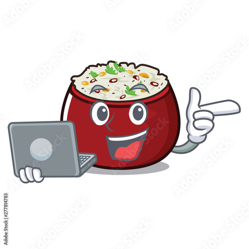 With laptop curd rice served in mascot bowl